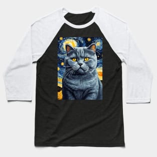 British Shorthair Cat Breed Painting in a Van Gogh Starry Night Art Style Baseball T-Shirt